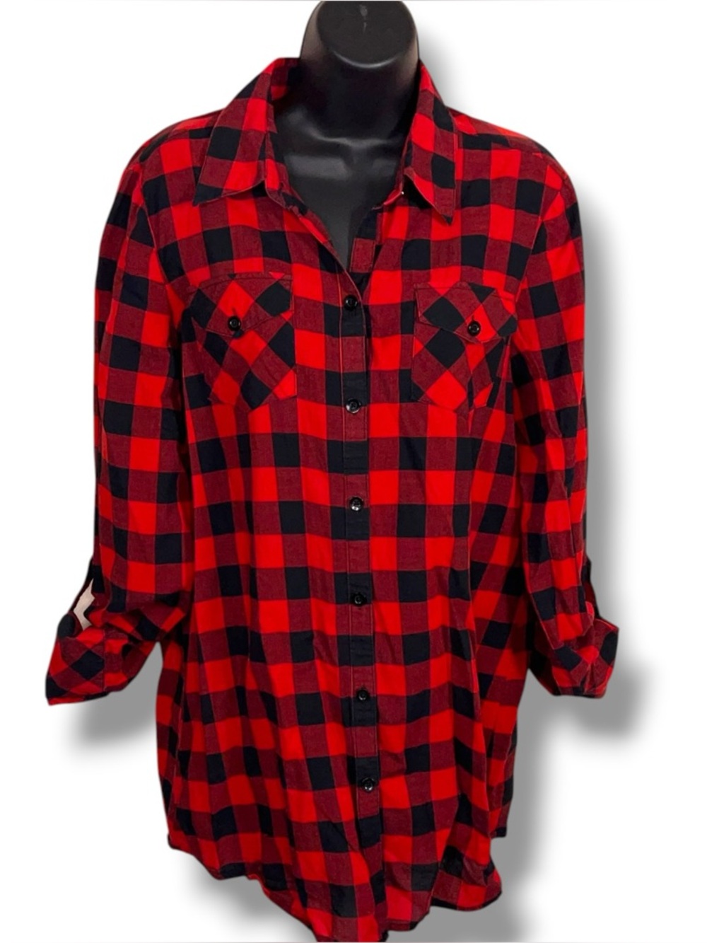 Large Zoe D Red Black Plaid Flannel Tunic Top Roll Tab Long Sleeves Cotton